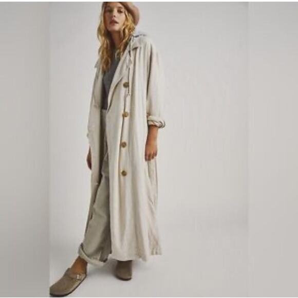 Free People Coat Womens Large Beige Linen Blend Long Button Front Duster Trench - Picture 10 of 10